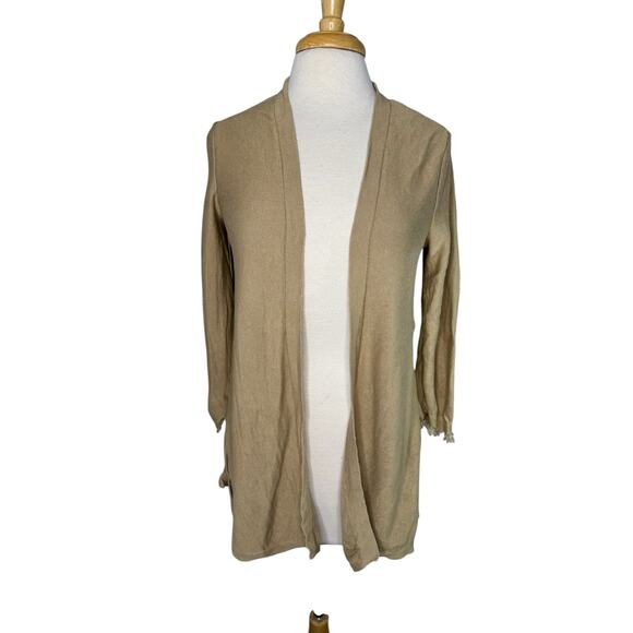 J.JILL Tan Linen Blend Fringe Open Cardigan Sweater Size Small Petite Capsule - Picture 1 of 10